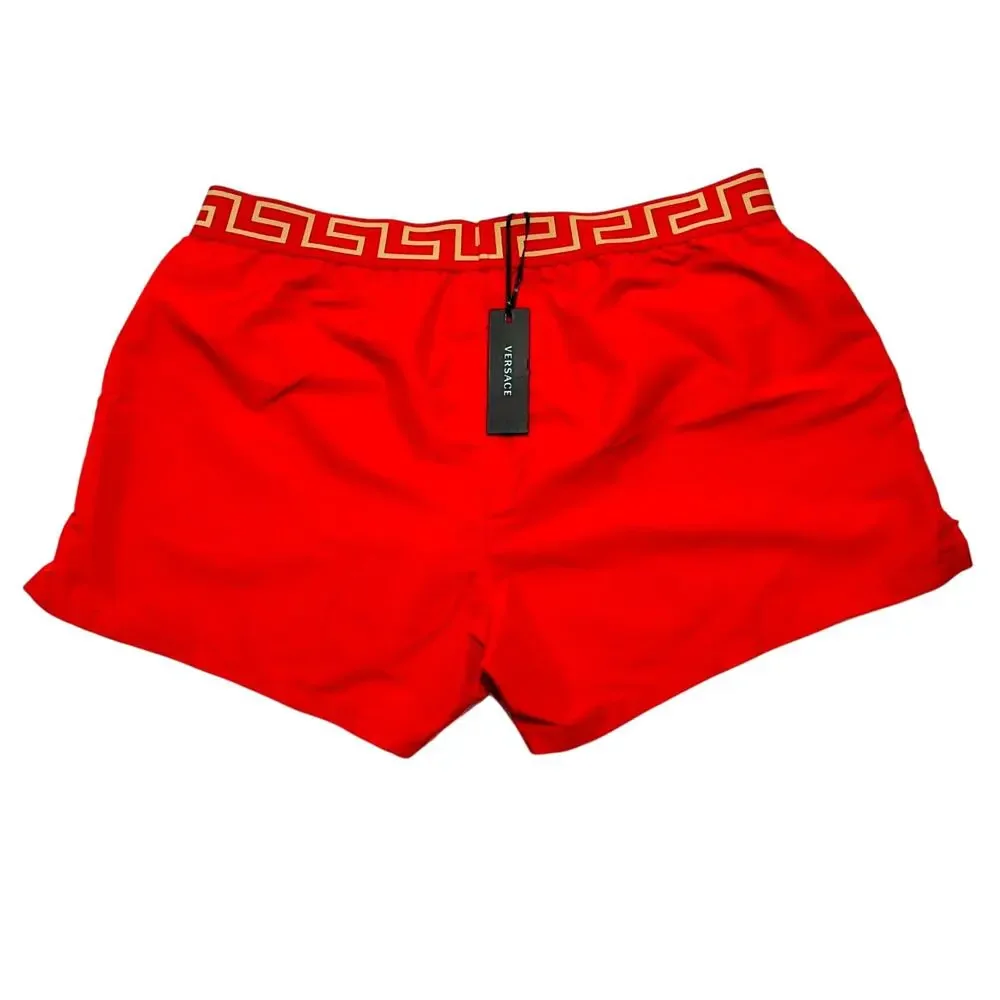 NWT Versace Greca Border Swim Shorts IT 8 US 2XL Red Medusa Logo Elastic Waist